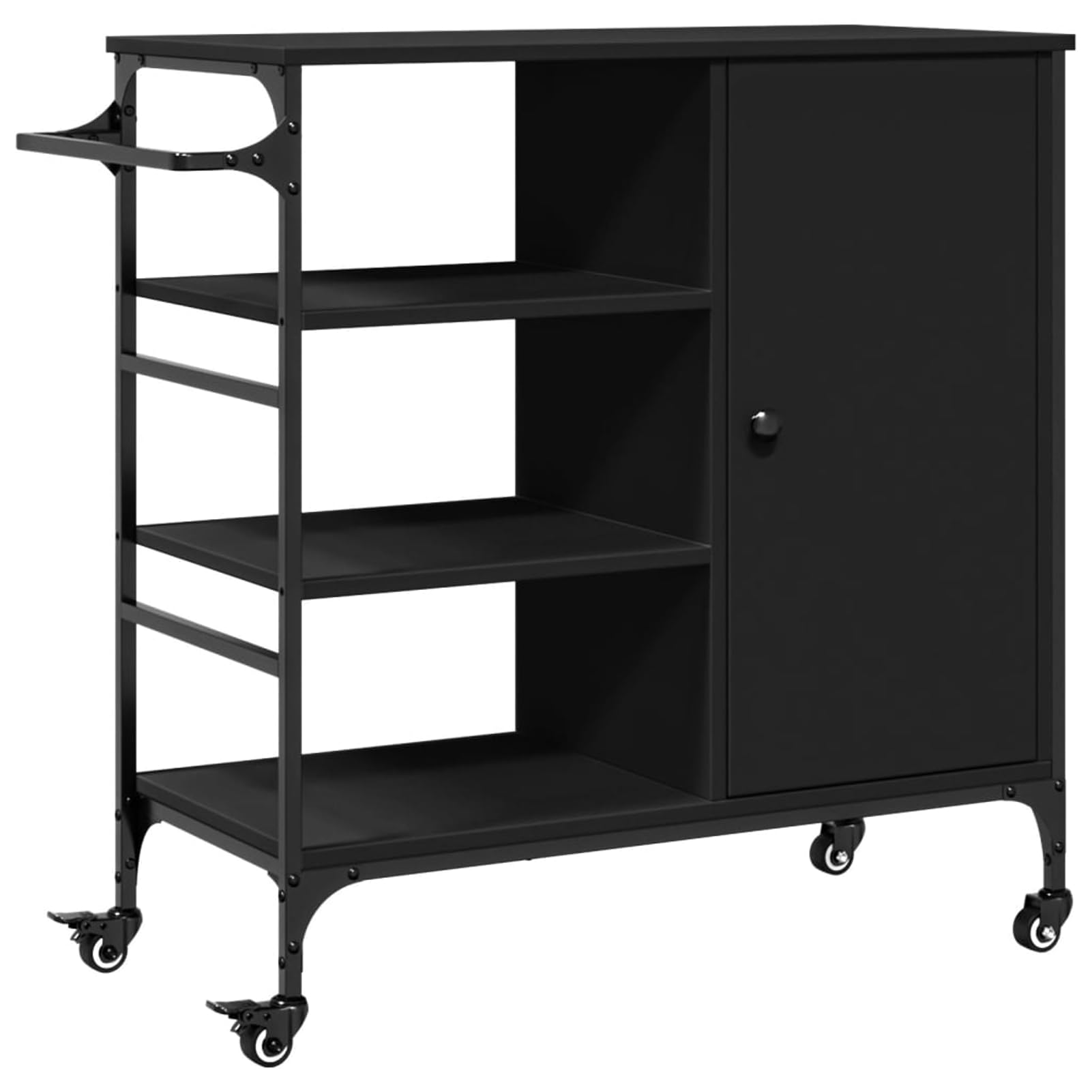 Homgoday Carrello da cucina vintage nero con struttura in acciaio e ripiani in legno multistrato, 87,5x38,5x84,5 cm, 4 ruote con freni