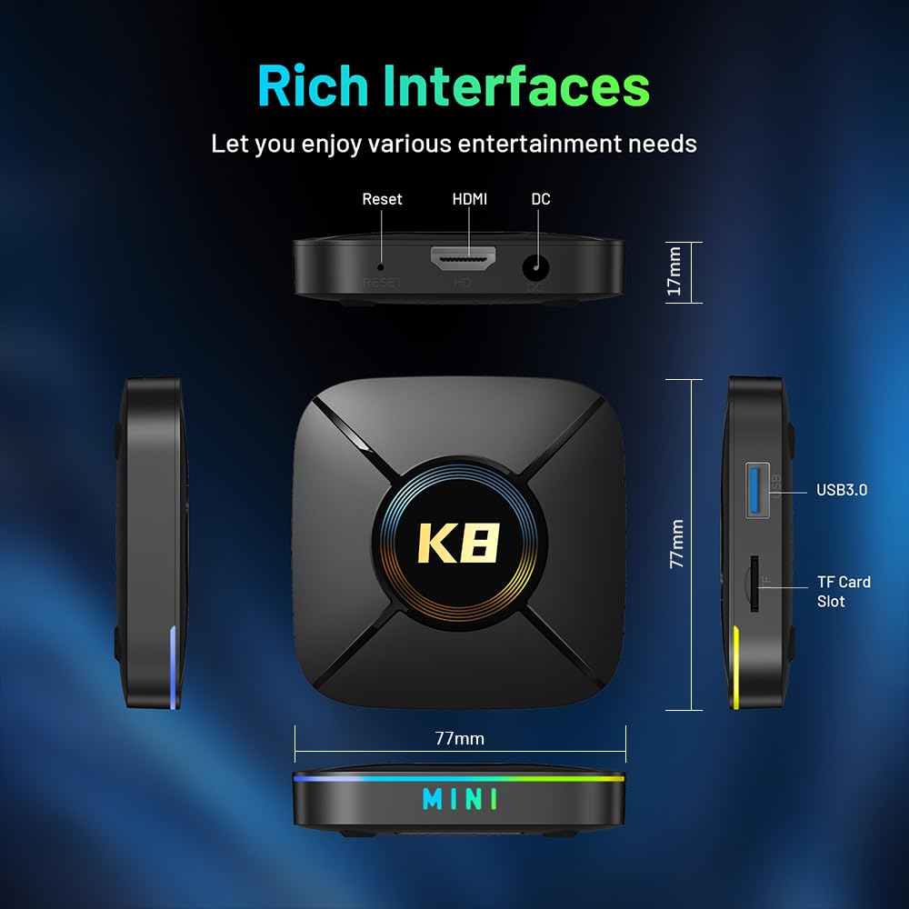 HK1 K8Mini Android 14.0 TV Box 2GB RAM 16GB ROM RK3518 Quad Core CPU Mali-450 GPU Support 2.4G/5G WiFi BT5.0 Smart TV Box - Model No.: HK1 K8Mini 2GB 16GB