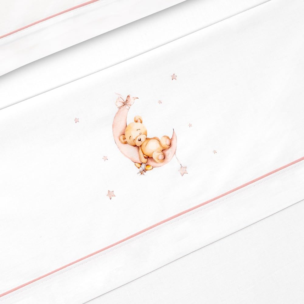 Danielstore Sabanas Cuna 60x120 Algodon 100% Bebé-Primavera- Verano- Otoño Fabricadas en España (Incluye Sabana Bajera+encimera+Funda Almohada). (0.0.0 Oso Luna Rosa)