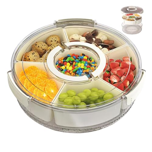 Snackle Box Container Divided Rotating Serving Tray with Lid and Handle, Portable for Fruits Snacks Veggie Charcuterie, Clear Snack Spinner Organizer and Fridge Storage Container for Trave and Picnic