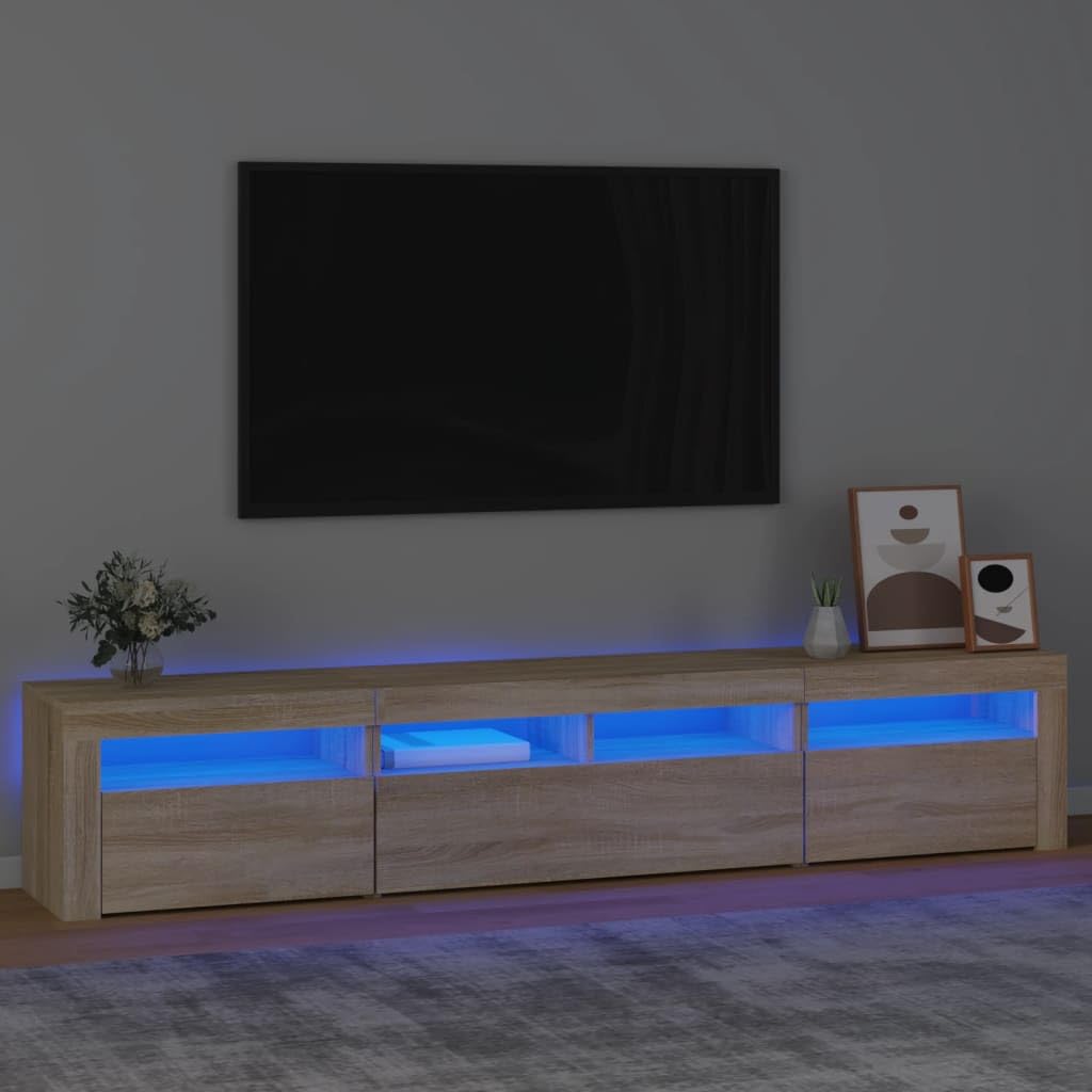 Mueble de TV con luces LED de roble Sonoma, 210 x 35 x 40 cm, mueble para sala de estar o dormitorio