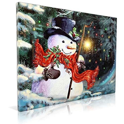 Banberry Designs Light Up Snowman Canvas Print Led Lighted Christmas Wall Hanging Snowman With A Black Top Hat And A Red Scarf Holding A Lantern - Winter Holiday Scene Wall Art #TOP2