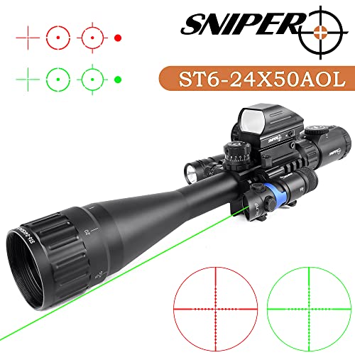 Sniper St6-24X50Aol Red & Green Illuminated Scope Combo Mil-Dot Adjustable Intensified Rifle Scope + Green Laser Sight + Flashlight + Holographic Dot Sight #TOP1