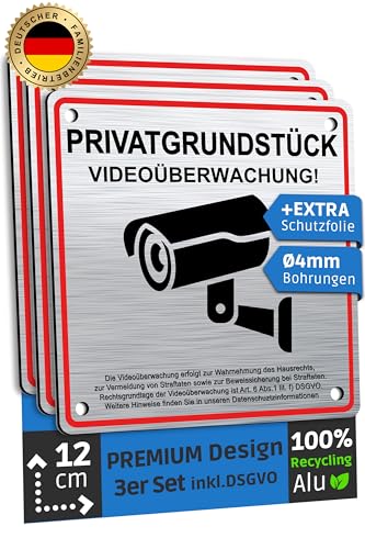 SCHILDERBOXX 3er Set Schild Videoüberwachung Privatgrundstück 12x12cm