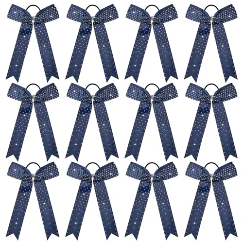 DEEKA 12 Count Collegiate Style Cheer Bows - Navy with Rhinestones, Handmade Bows for Girls Teens Cheerleader Sports