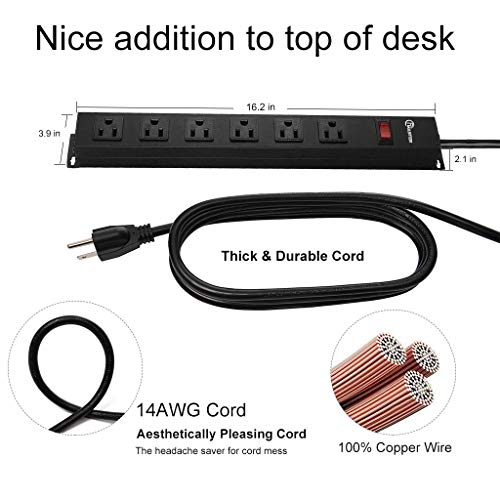 Image of 6 Outlet Power Strip with Wide Spaced and 10FT Power Cord,Wall Mount Metal Industrial Power Strip Heavy Duty for Commercial,Garage,School and Home,15A 125V 1875W,Black(10FT)
