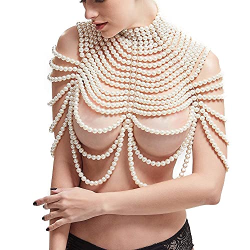 Pearl Body Chain Jewelry For Women - Fashion Handmade Pearl Body Chain Shoulder Necklace Bra (Style 1-White) #TOP7