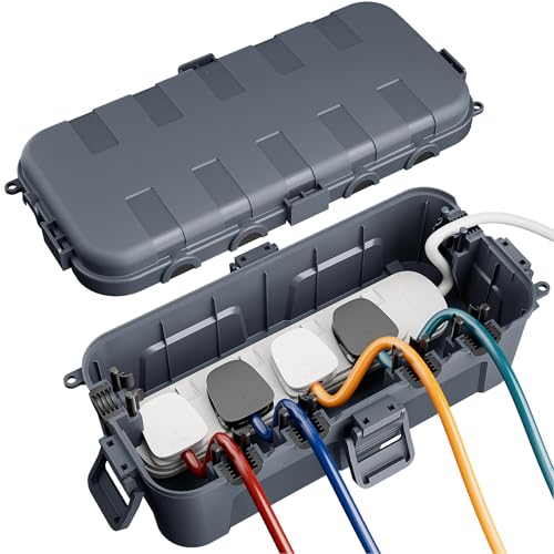 RESTMO Outdoor Waterproof Box (29 × 13.2 × 10cm), IP54 Weatherproof Electrical Box for Multi Plug Extension Lead, Protect Outlet, Plug, Christmas String Lights from Water, Snow, Dust, Gray