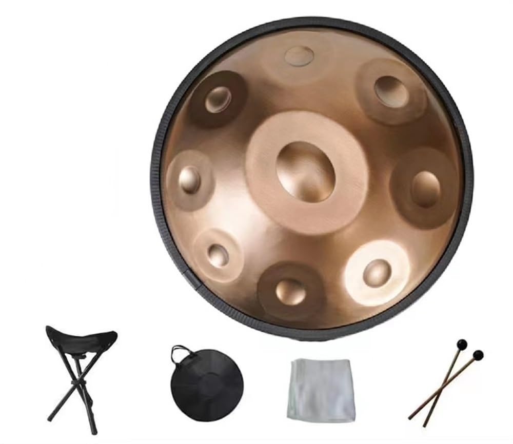 Zestawy perkusji Handpan, w tonacji g-moll 440 Hz, 9 nut, 18 cali, bęben ręczny ze stali nierdzewnej, bęben ręczny ze stali nierdzewnej z miękkim pokrowcem na Handpan, stojak na Handpan (kolor: złot
