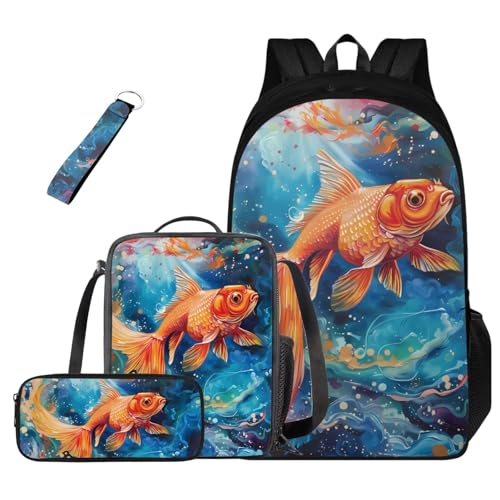 HUGS IDEA Koi Fish Backpack and Lunch Box for Girls Lightweight School Backpack for Girls 8-12 Large 17 Inch Kids Bookbag for Middle School Novelty School Bags for Girls Kids Travel Daypack