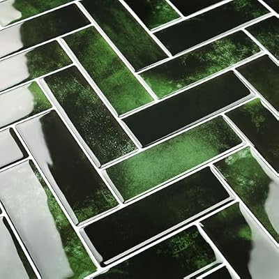 FunStick Dark Green Peel and Stick Backsplash for Kitchen Wall 12"x12" Herringbone Back Splash Stick on Tiles for Kitchen Bathroom Peel and Stick Wall Tile Sticker for Shower Tile Waterproof 5-Sheets