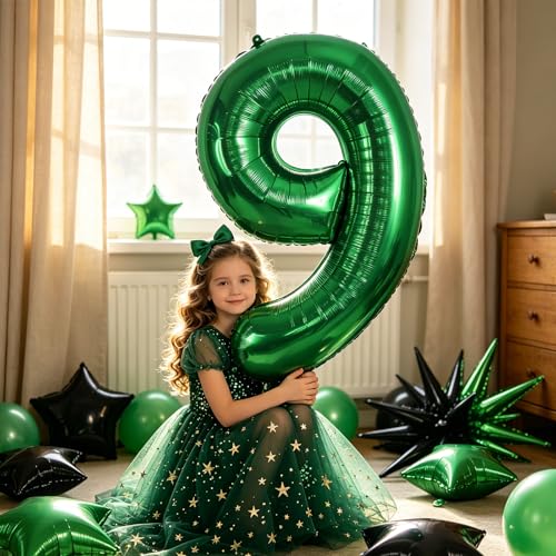 Image of TONIFUL 9th Birthday Balloons 40 Inch Green Large Number 9 Foil Balloon 18 Inch Helium Mylar Heart Star Shaped Ballons for Boys Men Birthday Anniversary Graduation New Year Eve Party Decoration