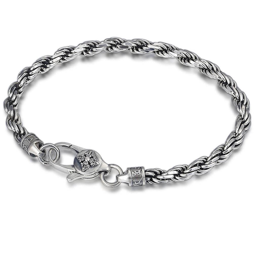 S925 Bracciale Personalizzato in Argento Sterling Con Sei Parole Della Verità, Bracciale in Corda Di Canapa Con Sei Parole Della Verità Vajra E Pestello Da 4 Mm Per Uomo,Argento,18cm