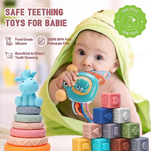 Adfo 6 In 1 Baby Toys 6To12-18 Months, Include Pull String Baby Teething Toys, Soft Stacking Blocks & Rings, Sensory Shapes, Colorful Storage Bin, Montessori Toys For 1-3 Year Old Boys Girls Gifts #TOP2