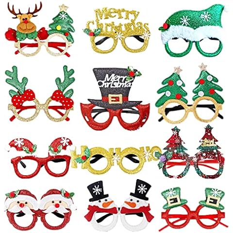 STHGDONA 12 Pieces Christmas Glitter Party Glasses, Xmas Novelty Eyeglasses Fancy Dress Costume Party Glasses Frame for Christmas Party Favors Cover