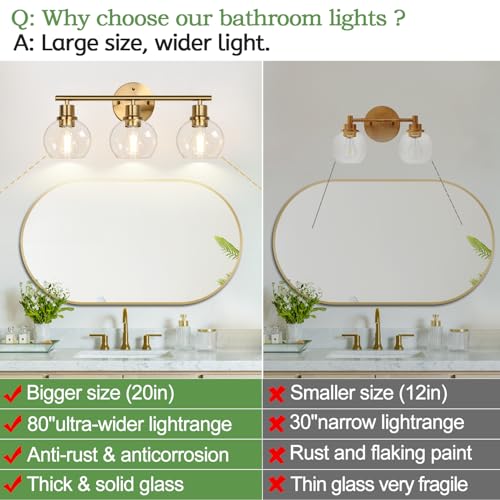 Image of Indoi 3-Light Bathroom Light Fixtures, Brushed Gold Modern Vanity Lights Over Mirror with Clear Glass Globe Shade, Bathroom Wall Sconces for Mirror Kitchen Living Room Hallway Cabinet Bedroom Porch