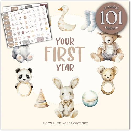 Image of Baby's First Year Calendar with 100 Stickers - Unisex Baby Design 1st Years Wall Calendar With Stickers, Baby Tracker, Baby Scrapbook for New Mom and Newborn Boys & Girls