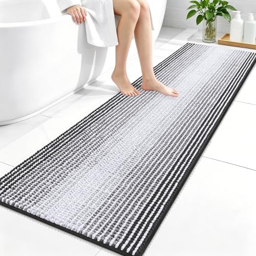 Image of OLANLY Bathroom Runner Rugs 59x20, Extra Soft Absorbent Chenille Striped Bath Rugs, Rubber Backing, Machine Wash Dry, Long Bath Mats for Bathroom, Tub, Shower, Home Decor Accessories, Dark Grey