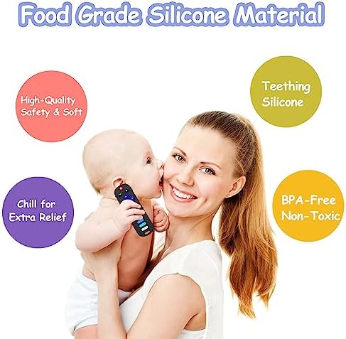 ROBBEAR Baby Teething Toys, Food Grade Silicone Teether for Babies 3 6 12 18 Months, TV Remote Shape Toddlers Chew Toys, Freezer BPA Free (Black RC)