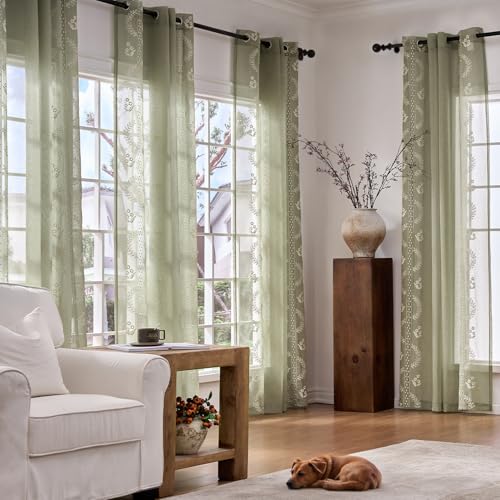 TOPICK Vorhänge mit Ösen Gardinen Wohnzimmer modern H145xB140 2er Set Grün – Ansicht 7
