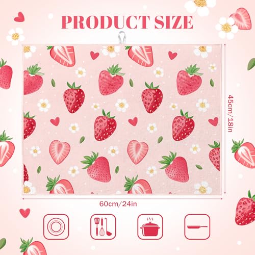 Image of Domensi 2 Pack Strawberry Microfiber Dish Drying Mat Absorbent Reusable Washable Extra Large Kitchen Counter Draining Mat Red Gingham Pad for Coffee Bar Kitchen Decor 18x24 Inch
