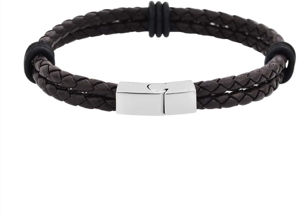 Edforce Stainless Steel Men's Two-Strand Braided Genuine Leather Wheat Chain Bracelet with Stainless Steel Closure - Image 2