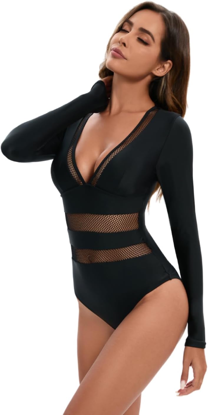 Women's One Piece Long Sleeve Rash Guard UV Protection Printed Surfing Swimsuit Swimwear Bathing Suit