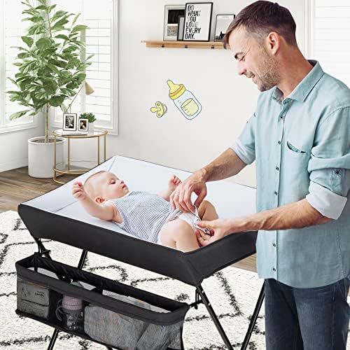 GYMAX Folding Baby Changing Table, Portable Infant Bath Massage Dresser Diaper Organizer with Storage Basket and Shelf, Newborn Care Station, 80 x 68 x 103cm (Black)