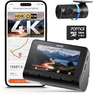 70mai 4K Dash Cam Front and Rear, Built in Wi-Fi 6 & GPS Car Camera, Super Night Vision, ADAS, 3” IPS Screen, 24H Parking Mode, Time-Lapse, Loop Recording, with 128GB Card (A800SE)