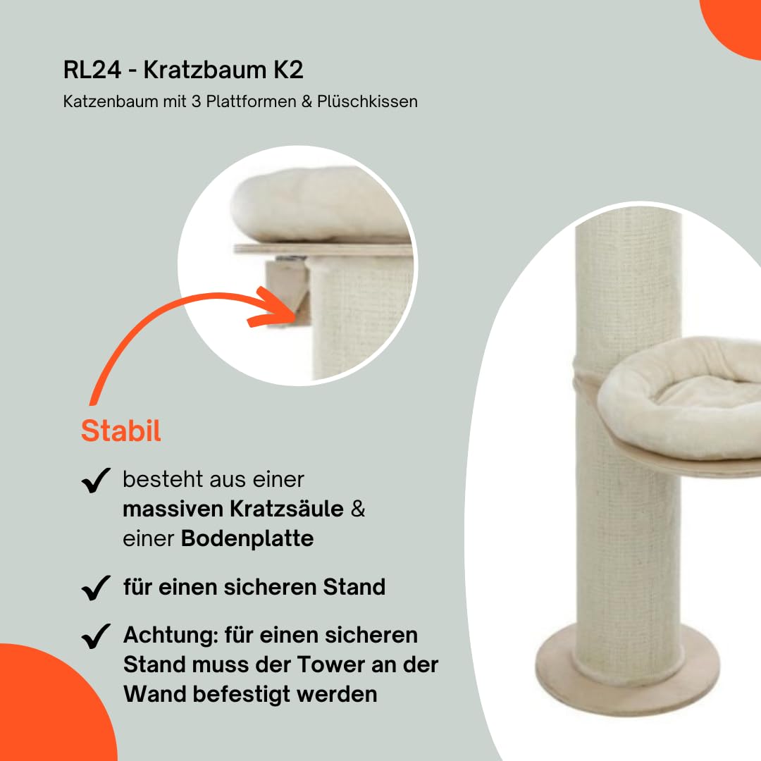 RL24 - Kratzbaum K2 – Katzenmöbel – Beige – Höhe 187cm | Katzenbaum mit 3 Plattformen & Plüschkissen – Katzenkratzbaum mit Sisalteppich an der Kratzsäule – Kratzstamm ø 22cm