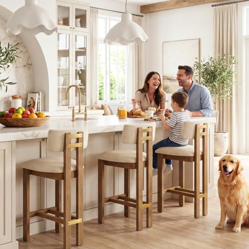 Butacos modernos de barra HNY de 26 pulgadas, juego de 2 unidades, con respaldo y tapizado en lino beige, estructura de madera natural, para isla de cocina miniatura 4