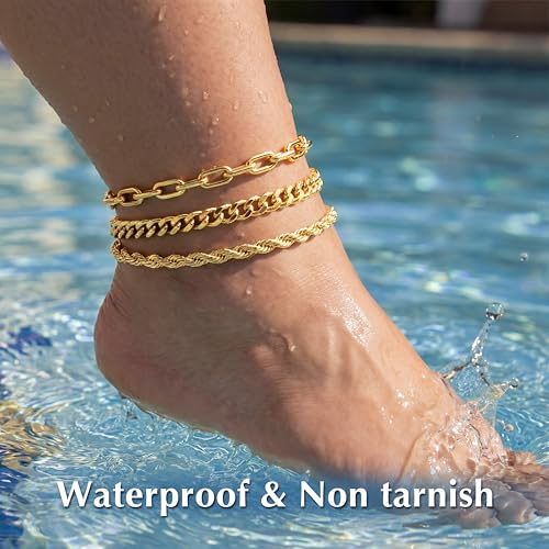 Gold Plated Ankle Bracelets for Women Waterproof, Plus Size Anklets for Women, Include Paperclip, Cuban, Rope Chain - Thumbnail 4