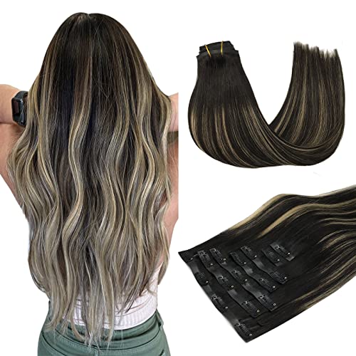 Clip in Hair Extensions Real Human Hair, Natural Black to Light Blonde 110g 7pcs 22 Inch, MAXITA Seamless Hair Extensions Clip i