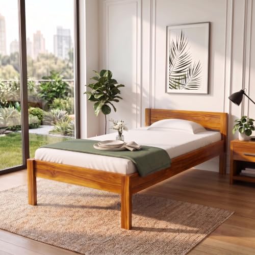 Image of Solid Wood Single Bed with Headboard, Teak finiish, 188 x 96.5 x 66 cm, No Tools Assembly,