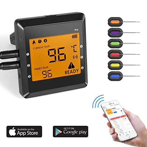 Preup Thermomètre de Cuisine Thermomètre à Viande Cuisson numérique Thermomètre à Lecture instantanée Barbecue avec Six sondes Bluetooth sans Fil pour Barbecue Grill Fumeur Cuisine en Plein air