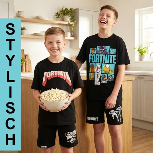 Fortnite Pyjama Jungen 7-16 Jahre, 2er-Pack Kurz Schlafanzug Kinder mit Kurzarm T-Shirt, Baumwolle Sommer Nachtwäsche, Geschenke für Kinder (9-10 Jahre, Schwarz/Multi, 2 Pack)