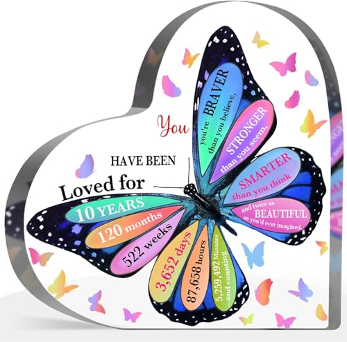 10 Year Old Girl Birthday Gifts for Daughter Girls, 10th Birthday Acrylic Sign, Inspirational Butterfly Keepsake Sign for Girls Boys, Table Desk Acrylic Plaque for Home
