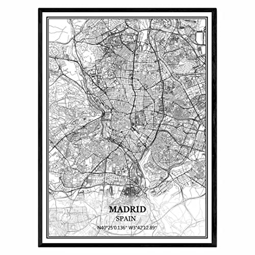 Madrid Spanien karta väggkonst canvas tryck affisch konstverk oinramad modern svart och vit karta souvenir gåva heminredning -28 x 35 cm