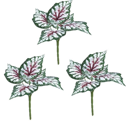 3Pcs Fake Variegated Elephant Ear Plant Tropical Hawaiian Artificial Begonia Plants for Home Decor Indoor Fake Caladium Faux Small Shelf Plant Decor