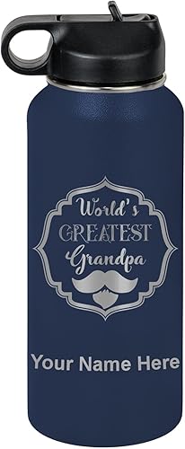LaserGram Botella de agua personalizada, el abuelo más grande del mundo, acero inoxidable de doble pared aislada al vacío con popote superior,