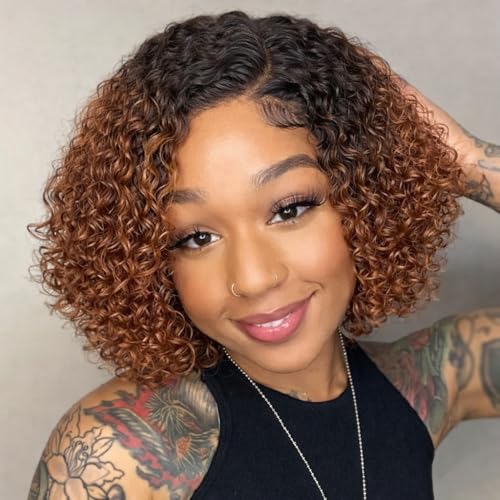 Apeasex Ombre Curly Bob Wig Human Hair 10 Inch Side