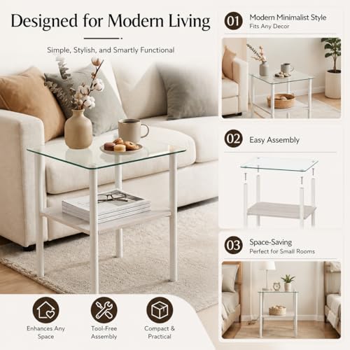 Image of Glass Side Table Set of 2, 16.3'' Small End Table, Square Sofa Side Table with Tempered Glass Top and Metal Legs, Minimalist Accent Table for Living Room, Bedroom, Easy Assembly