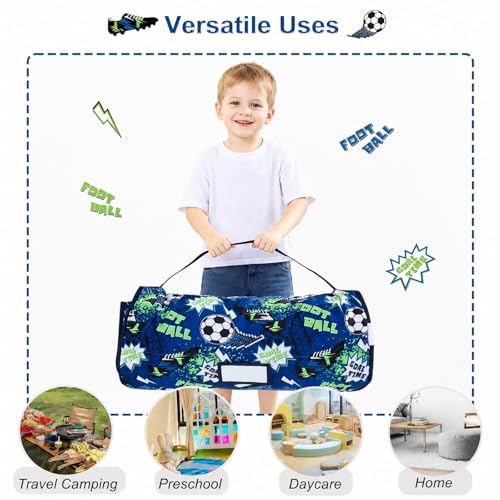 Image of Viviland Toddler Nap Mat with Pillow and Minky Blanket,Rolled Large Sleeping Mat for Boys,Kids Slumber Bag Nap Mat for Preschool, Daycare, Kindergarten, Travel Camping - Soccer Spirit