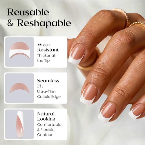 Image of Beetles Brown French Tip Press on Nails Short Square, 64 PCS Nude Fake Nails with Nail Glue & Adhesive Tabs, Glossy Reusable False Nails Kit, 16 Sizes DIY Home Salon Manicure for Women Girls