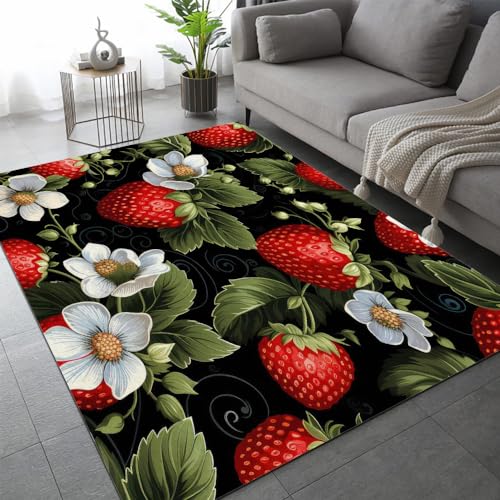 LEINEN Erdbeere Teppich Kinderteppich Modern 3D Rote Erdbeere Teppich Kinderzimmer Kurzflor Teppiche...