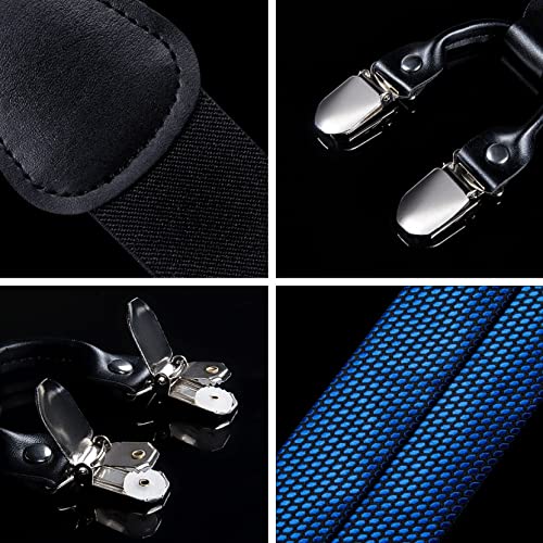 Mjwdp Real Leather 6 Clips Elastic Suspender Brace Blue Plaid Silk Men Suspender Bow Tie Set Trousers Strap Casual (Color : Blue, Size : One Size) #TOP5