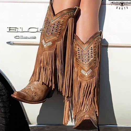 VARECOLA mid calf Boots for Women, Fringe Embroidered Western Cowgirl Boots with Pointed Toe, Wide Cowboy Boots with Chunky Heel2