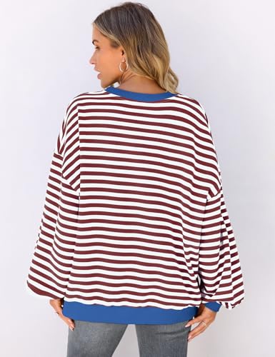 Image of UEU Women Oversized Striped Crewneck Sweatshirt Long Sleeve Color Block Pullover Tops Casual Loose Workout Shirt