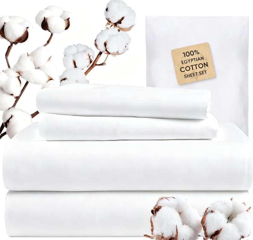 Image of 100% Egyptian Cotton Bed Sheet Set 1200 Thread Count, Luxe Thickness, Superior Long-Lasting Durability, Resists Pilling, Deep Pocket Up to 18 inch (Bright White, King)