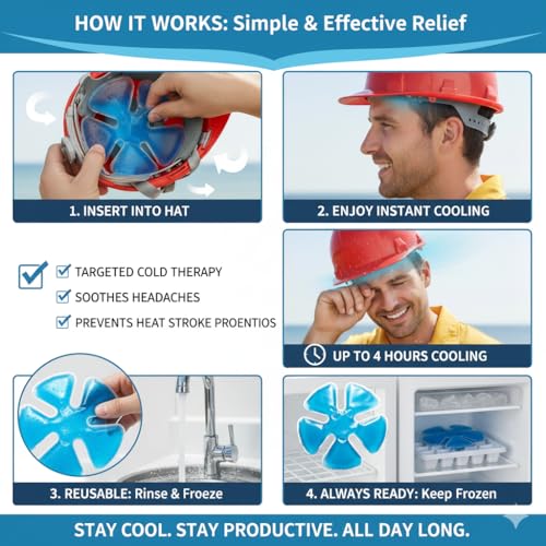 Image of Reusable Cooling Gel Ice Packs for Hats, Adjustable Cold Therapy Headband Inserts for Hard Hats, Sun Hats, 4-Hour Relief for Construction Workers, Migraines, Heat Stroke Prevention, 4 Pack